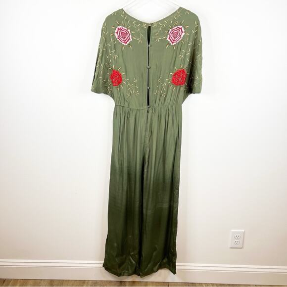 Anthropologie Seen Worn & Kept Floral Embroidered Satin Jumpsuit S Green - Picture 3 of 10